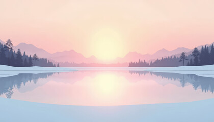 Fototapeta premium Tranquil January sunrise reflecting on a still lake surrounded by snow-capped mountains