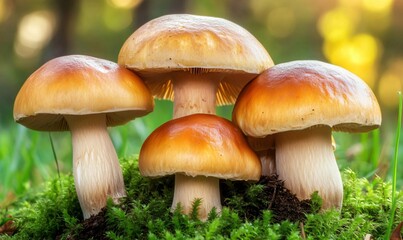Wild mushrooms growing in a dense forest, showcasing the beauty of fungi in a natural woodland ecosystem.