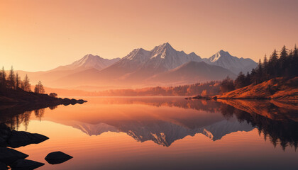 Majestic January sunrise reflecting on lake with mountainous landscape and vibrant colors
