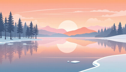 Fototapeta premium Stylized January sunrise reflecting on calm lake surrounded by snowy mountains and trees