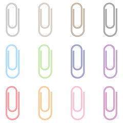 灰色と茶色と黒と水色と黄緑色と青と紫と赤とオレンジとピンクと赤紫色のゼムクリップ