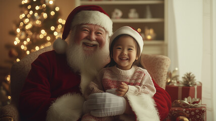 スタジオで撮影されたサンタクロースと日本人の子供の楽しい時間