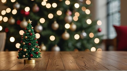 a wooden table in the foreground and a beautifully lit Christmas tree in the background. The bokeh effect from the Christmas lights creates a magical and festive atmosphere. adding a touch of holiday 