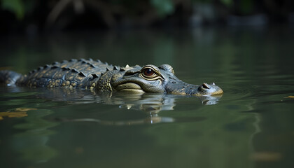 Fototapeta premium Crocodile partially submerged in a calm river, eyes and snout visible, soft light creating a tense atmosphere 