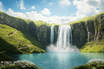 Fototapeta premium Majestic waterfall cascading into a serene lake surrounded by lush green hills