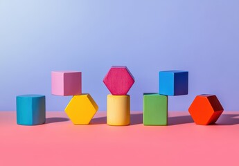 Obraz premium カラフルな形状ブロックが並ぶ遊びの風景と創造力の瞬間