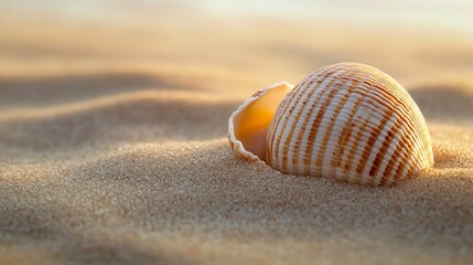 A seashell partly open on a sandy beach.