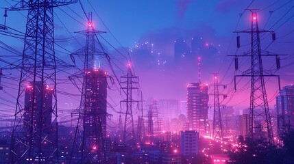 High voltage transmission system. Electricity. Neon glow. City energy infrastructure. Night landscape. Power lines. Network interconnected