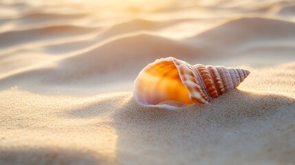 A seashell on a sandy beach at sunset.