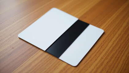 Dual-tone office keycard with white and black sections on a wooden surface for identification