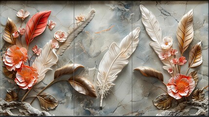 triptych panel wall art, marble background with feather and flower designs, wall decoration