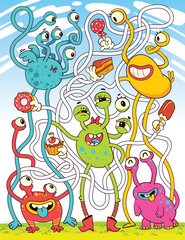 Children logic game to pass the maze. Find candy for the monster. Educational game for kids. Choose right path. Colorful cartoon characters. Funny vector illustration. Worksheet page