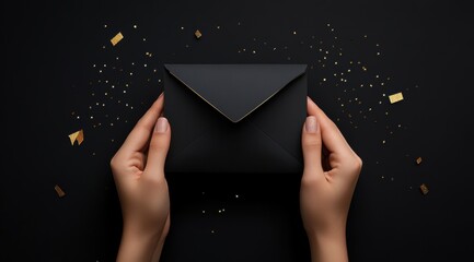 Black envelope with a golden ribbon in hands on a black background, top view, with confetti 