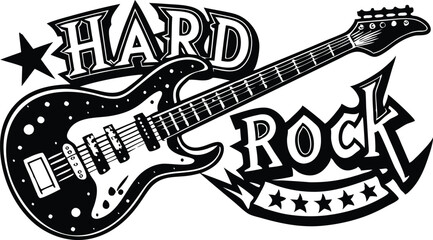 Monochrome Hard Rock Guitar Illustration with Bold Typography and Star Design