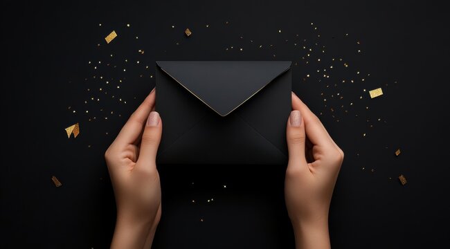 Black envelope with a golden ribbon in hands on a black background, top view, with confetti 