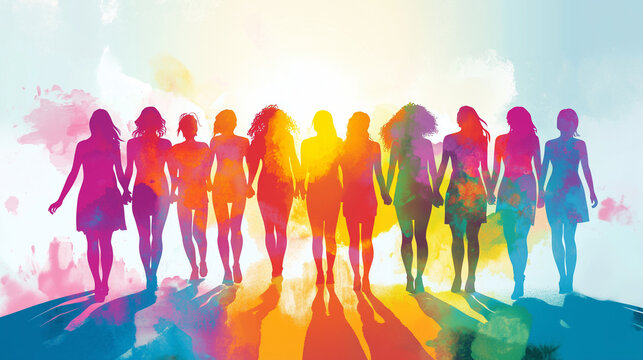 Colorful silhouette of diverse women holding hands, representing unity and empowerment against a vibrant background
