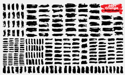 Collection of ink brush strokes. Set of vector grunge brushes featuring dirty textures for banners, boxes, frames, and design elements. Painted objects isolated on a white background