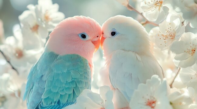 Close-up Two cute parakeets in pastel pink and blue colors in love, with soft lighting, in a romanti