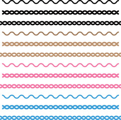 黒と茶色とピンクと水色の波線とロープ