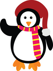 a penguin wearing a Santa red hat and scarf illustration design
