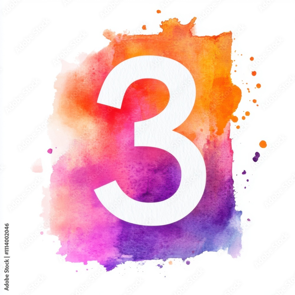 Poster Vibrant Watercolor Number Three with Multicolored Gradient and Artistic Splashes