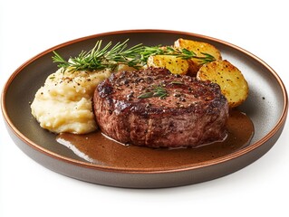 Savoring a Juicy Steak Meal on a Textured Copper Plate On White Background Culinary Delight in a Rustic Setting