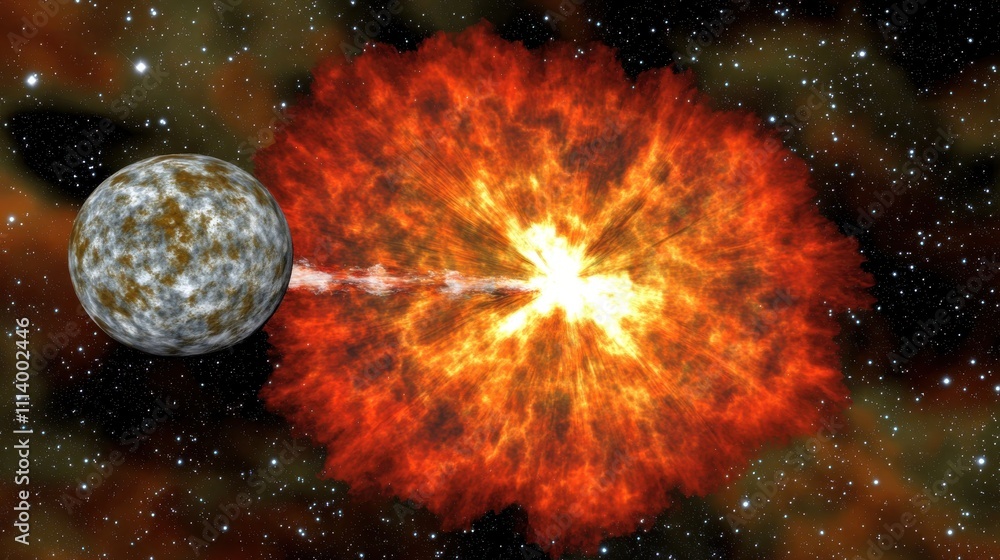 Poster a stunning visual of a celestial phenomenon featuring a star erupting in a brilliant explosion with 