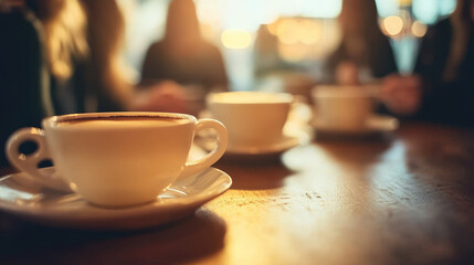 Fototapeta premium cozy coffee scene featuring white cups on wooden table, with blurred figures in background enjoying their drinks. warm light creates relaxed atmosphere