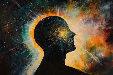 A head surrounded by a tight, glowing band, with radiant light beams and fractals bursting outward from within, symbolizing the pressure of mental strain breaking through