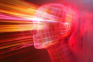 A head surrounded by a tight, glowing band, with radiant light beams and fractals bursting outward from within, symbolizing the pressure of mental strain breaking through