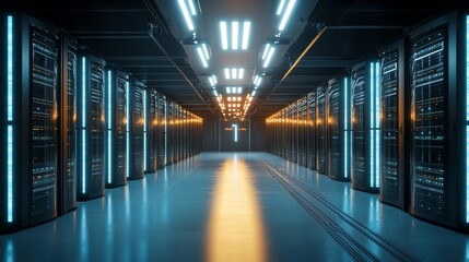 Fototapeta premium A rendering of a data center with rows of server racks lit with bright, blue lights.