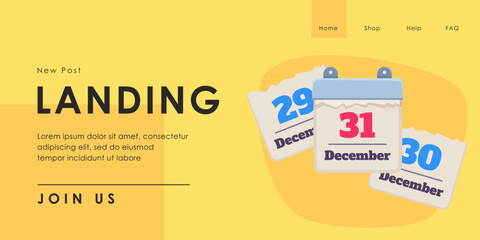 Calendar pages vector illustration. Cartoon drawing of New Year symbols. Landing page template. New Year, winter, celebration concept