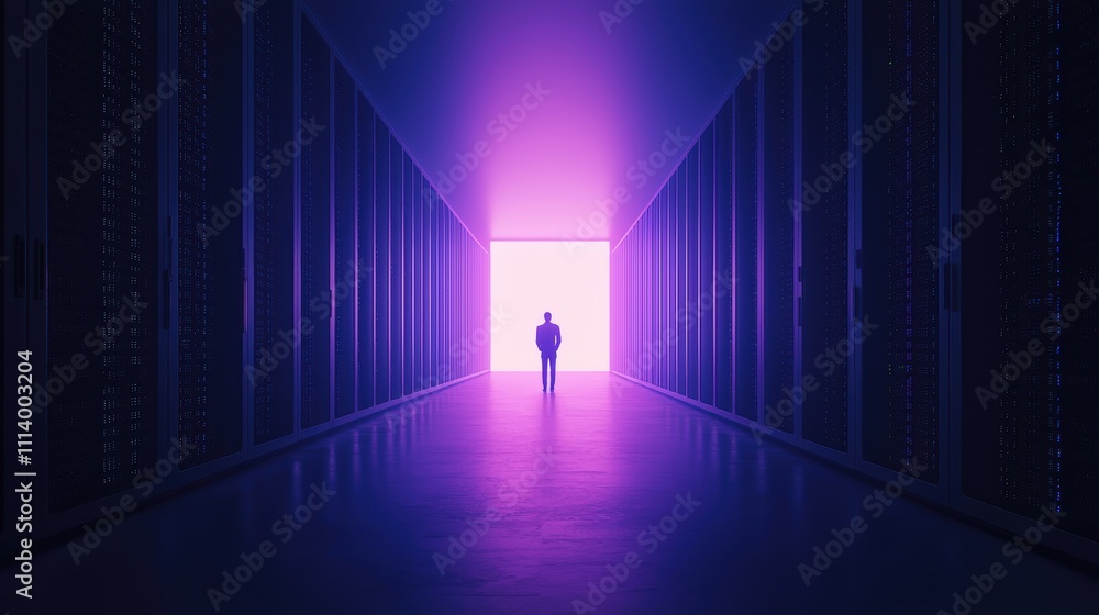 Poster developer engaged in coding on holographic screen surrounded by digital environment