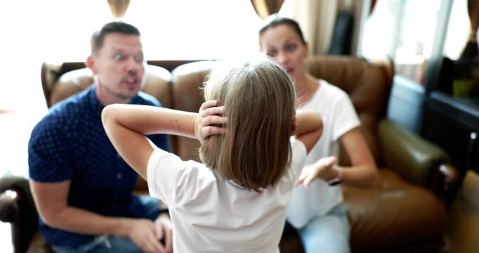A complicated, tense family scenario showing miscommunication issues arising between parents and their child
