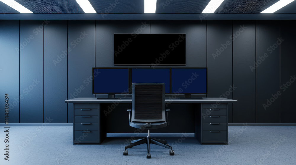 Poster futuristic control room with ai driven dashboard displaying dark monitors and minimalist design
