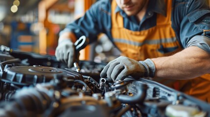 Handsome mechanic focused on a vehicle repair with a ratchet in a well-maintained, clean workshop