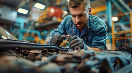 Handsome mechanic focused on a vehicle repair with a ratchet in a well-maintained, clean workshop