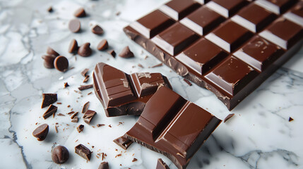 Broken chocolate bar with separated squares on a marble countertop.