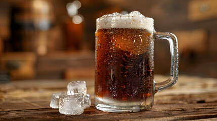 Chilled root beer in a glass mug with condensation on a rustic wooden table.