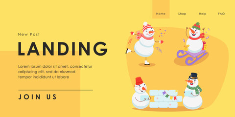 Snowmen skating and sledging vector illustration. Cartoon drawing of New Year and winter symbol. Landing page template. New Year, winter, celebration concept