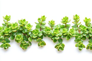 Fototapeta premium Isolated green sedum leaves create a vibrant horizontal border on a white backdrop