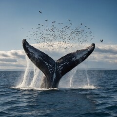 Naklejka premium A whale breaching under a sky filled with migrating birds.