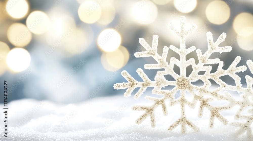 Aufkleber elegant and sparkling snowflake ornament on soft snowy surface with bokeh lights background for wint