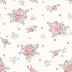 Fototapeta premium Vector illustration. Seamless pattern of delicate pink rose on a pastel background, blooming flowers. Cottagecore pattern. Printing on textiles, for packaging, fabric design, sublimation printing