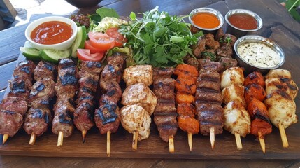Assorted Grilled Skewers with Fresh Vegetables and Dipping Sauces