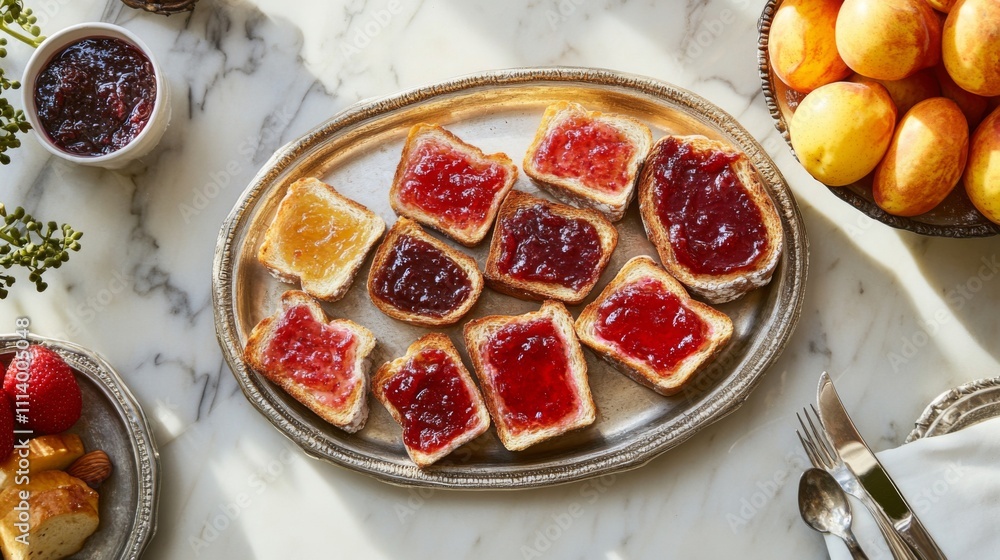 Poster various types of toasts with colorful jams on elegant serving dish