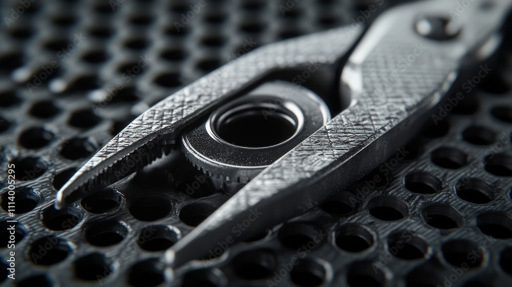 Poster a close-up of pliers gripping a small metallic component on a textured surface.