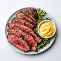 Slicing Tenderloin with Bearnaise Sauce on White Background Culinary Experience Gourmet Dish Food Photography Top View Delicious Presentation