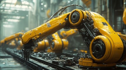 A close-up of robotic arms in an industrial setting, showcasing automation and manufacturing.