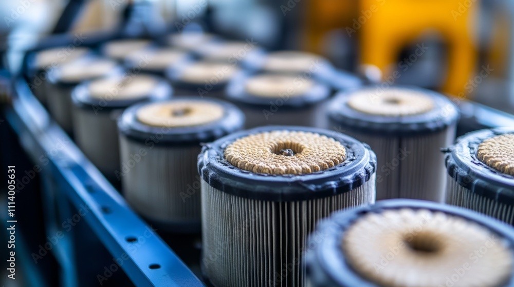 Poster a close-up view of cylindrical air filters arranged in a factory setting.